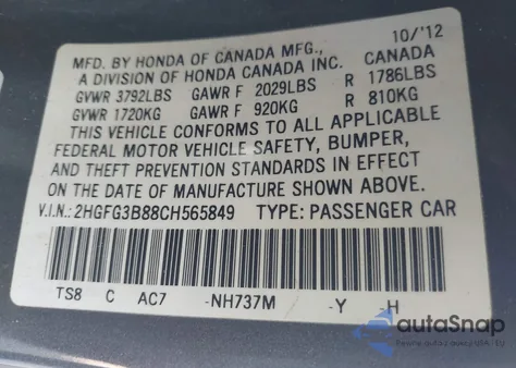 2012 Honda Civic Ex из США, поврежденный, VIN 2HGFG3B88CH565849